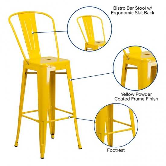 Commercial Grade 30" High Yellow Metal Indoor-Outdoor Barstool with Removable Back