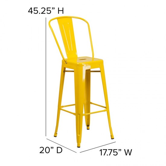 Commercial Grade 30" High Yellow Metal Indoor-Outdoor Barstool with Removable Back