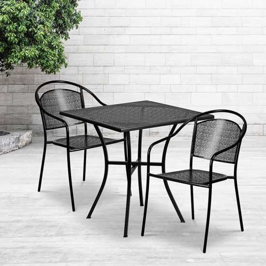 Commercial Grade 28" Square Black Indoor-Outdoor Steel Patio Table Set with 2 Round Back Chairs