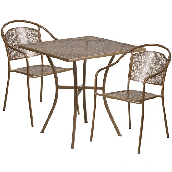 Commercial Grade 28" Square Gold Indoor-Outdoor Steel Patio Table Set with 2 Round Back Chairs