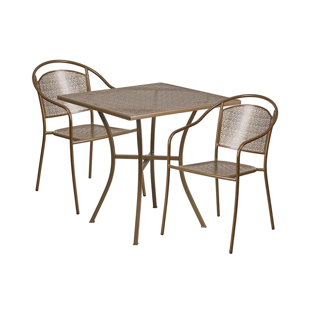 Commercial Grade 28" Square Gold Indoor-Outdoor Steel Patio Table Set with 2 Round Back Chairs