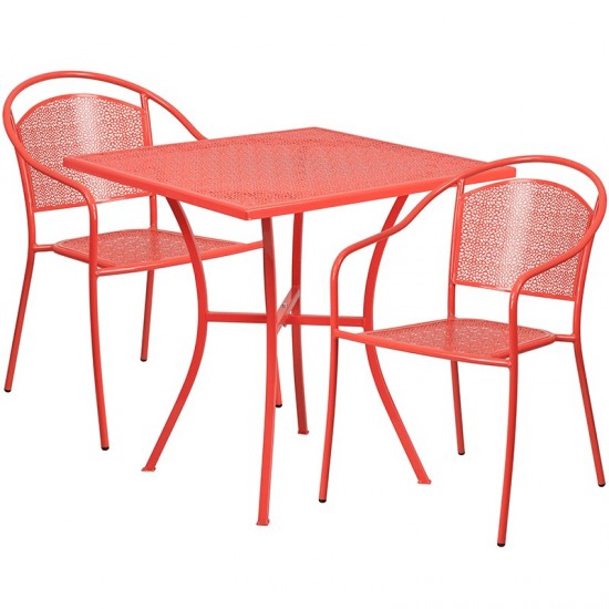 Commercial Grade 28" Square Coral Indoor-Outdoor Steel Patio Table Set with 2 Round Back Chairs