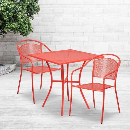 Commercial Grade 28" Square Coral Indoor-Outdoor Steel Patio Table Set with 2 Round Back Chairs