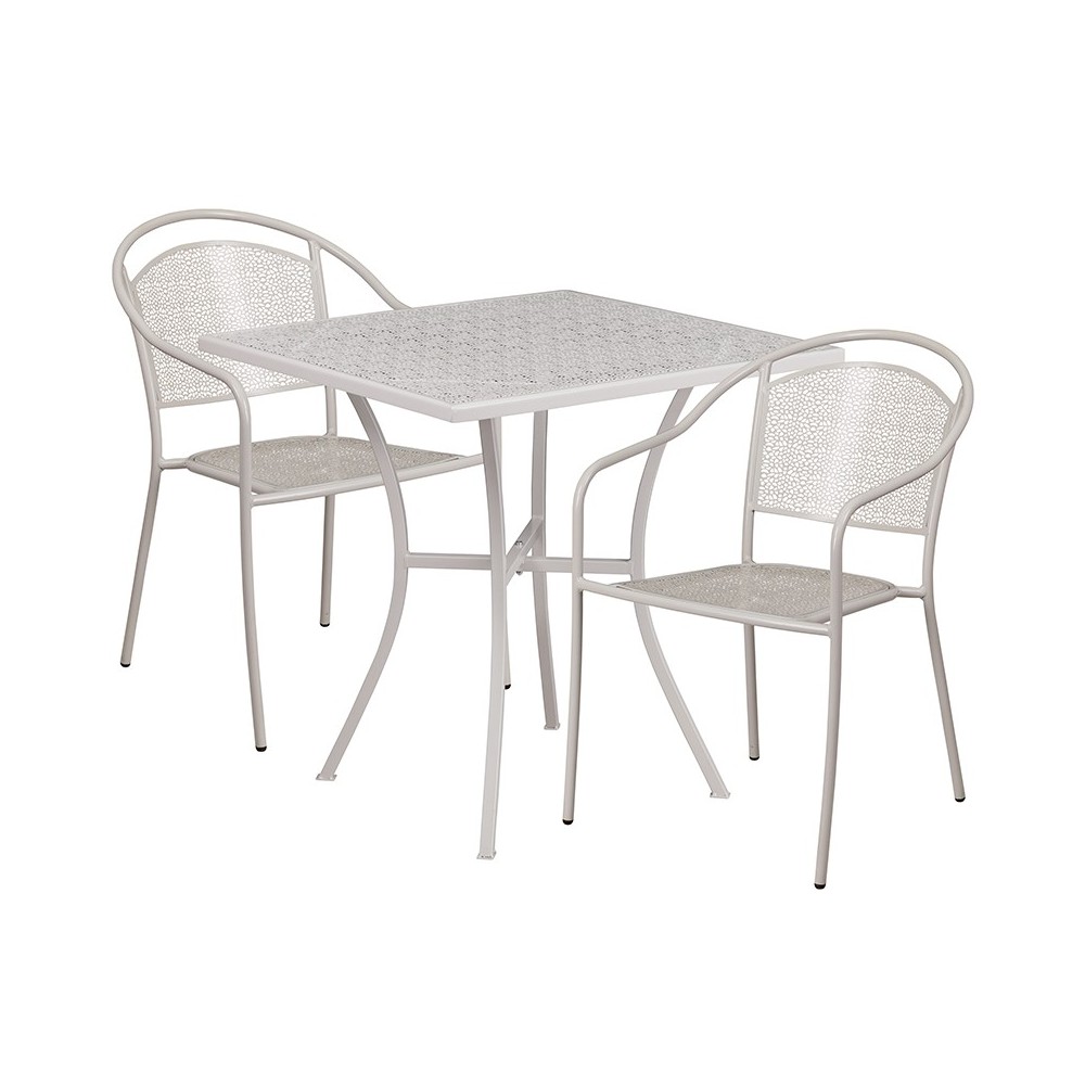 Commercial Grade 28" Square Light Gray Indoor-Outdoor Steel Patio Table Set with 2 Round Back Chairs