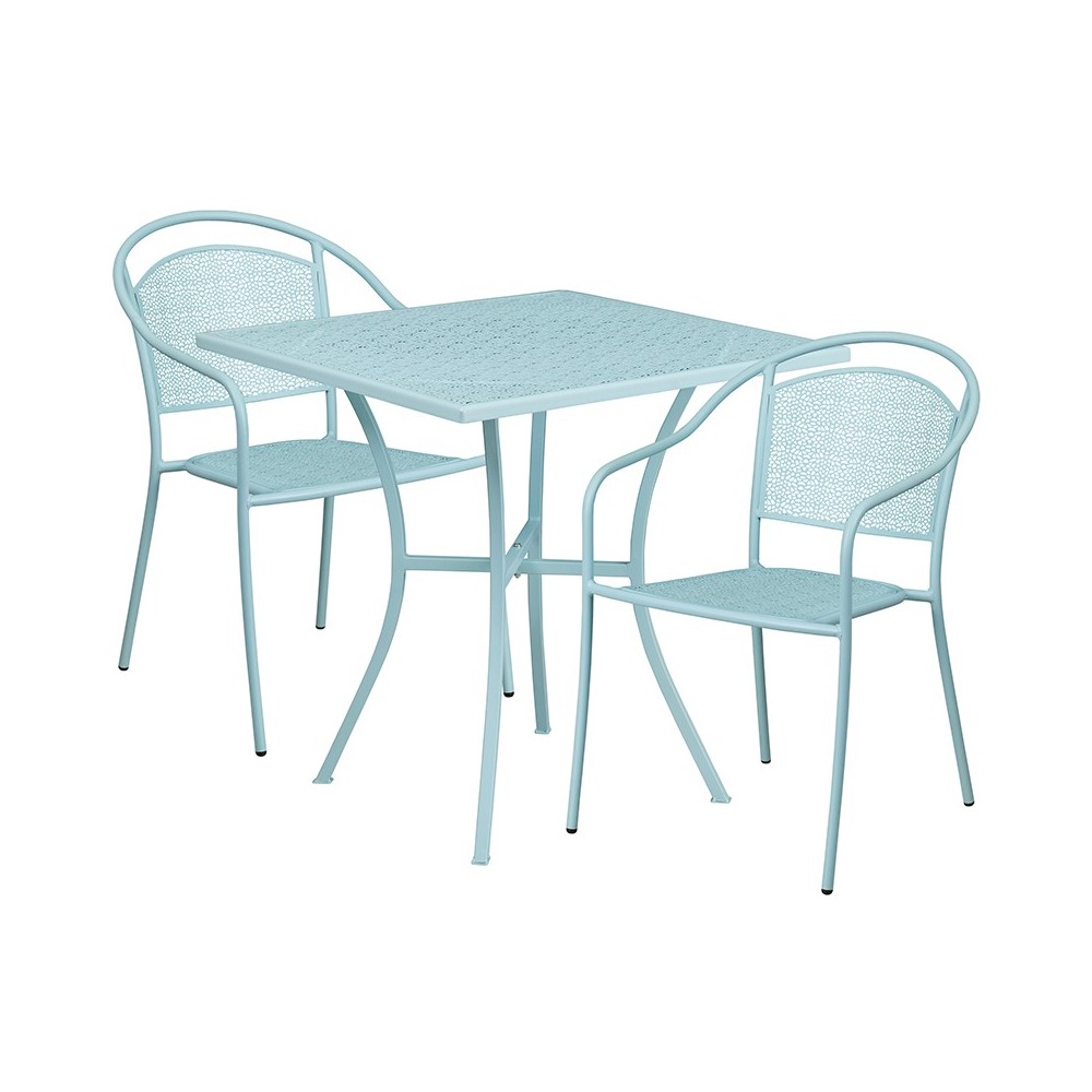 Commercial Grade 28" Square Sky Blue Indoor-Outdoor Steel Patio Table Set with 2 Round Back Chairs