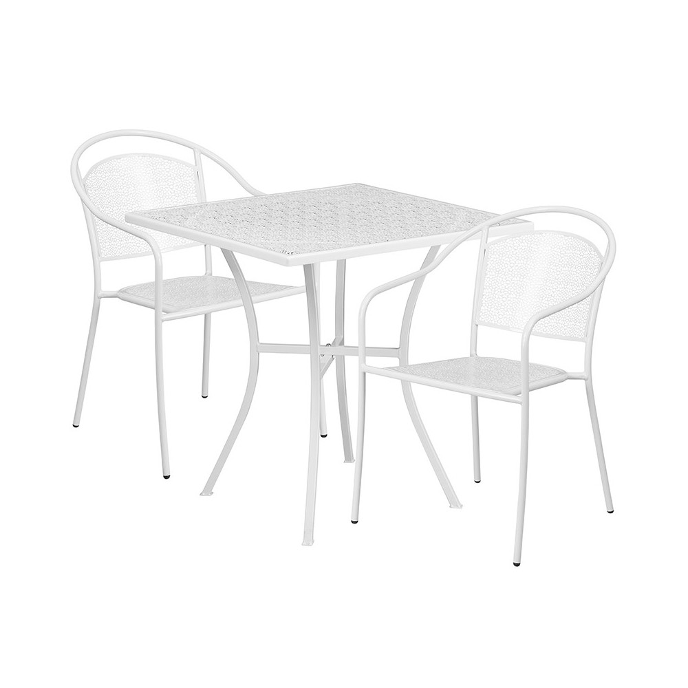 Commercial Grade 28" Square White Indoor-Outdoor Steel Patio Table Set with 2 Round Back Chairs