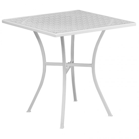 Commercial Grade 28" Square White Indoor-Outdoor Steel Patio Table Set with 2 Round Back Chairs