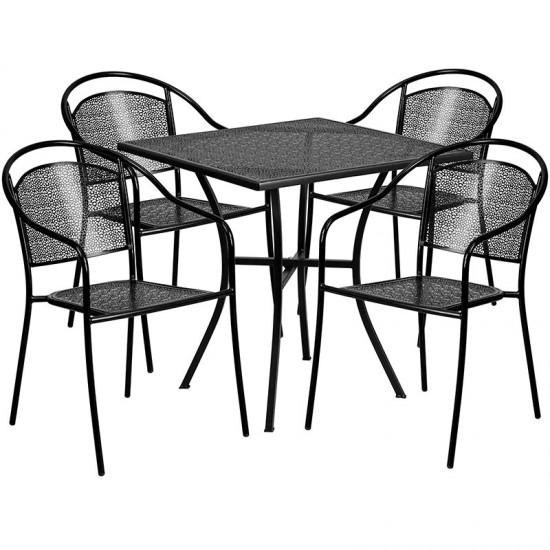 Commercial Grade 28" Square Black Indoor-Outdoor Steel Patio Table Set with 4 Round Back Chairs