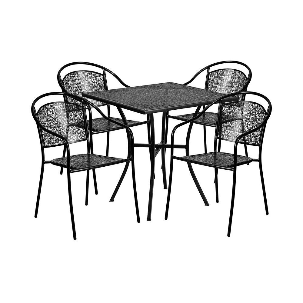 Commercial Grade 28" Square Black Indoor-Outdoor Steel Patio Table Set with 4 Round Back Chairs