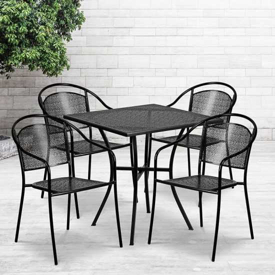 Commercial Grade 28" Square Black Indoor-Outdoor Steel Patio Table Set with 4 Round Back Chairs