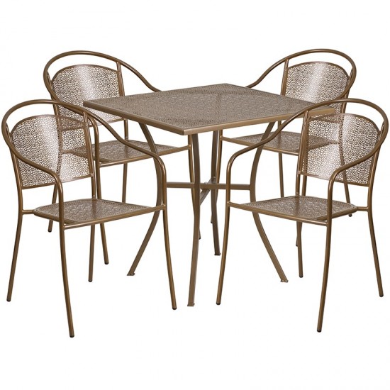 Commercial Grade 28" Square Gold Indoor-Outdoor Steel Patio Table Set with 4 Round Back Chairs