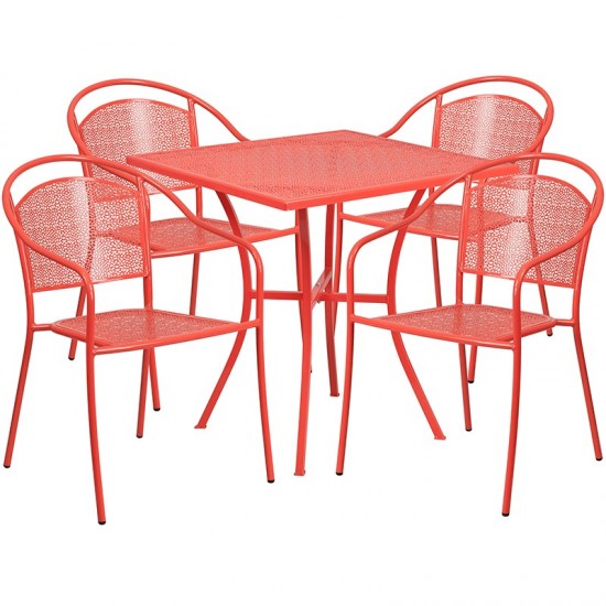 Commercial Grade 28" Square Coral Indoor-Outdoor Steel Patio Table Set with 4 Round Back Chairs