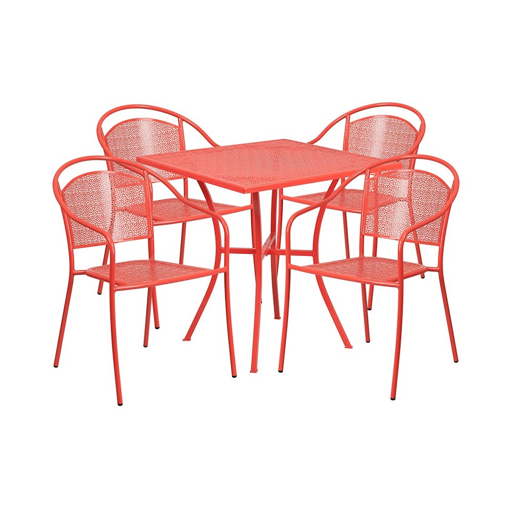 Commercial Grade 28" Square Coral Indoor-Outdoor Steel Patio Table Set with 4 Round Back Chairs