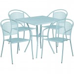 Commercial Grade 28" Square Sky Blue Indoor-Outdoor Steel Patio Table Set with 4 Round Back Chairs