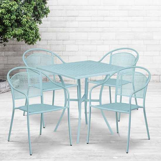 Commercial Grade 28" Square Sky Blue Indoor-Outdoor Steel Patio Table Set with 4 Round Back Chairs