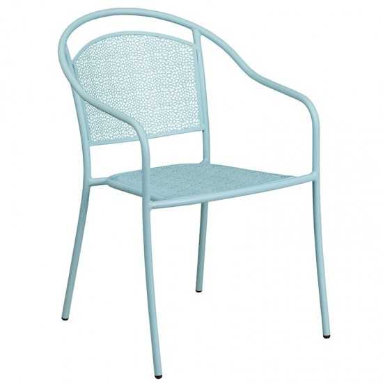 Commercial Grade 28" Square Sky Blue Indoor-Outdoor Steel Patio Table Set with 4 Round Back Chairs