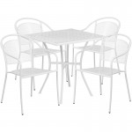 Commercial Grade 28" Square White Indoor-Outdoor Steel Patio Table Set with 4 Round Back Chairs