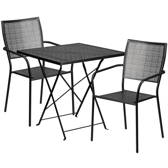 Commercial Grade 28" Square Black Indoor-Outdoor Steel Folding Patio Table Set with 2 Square Back Chairs