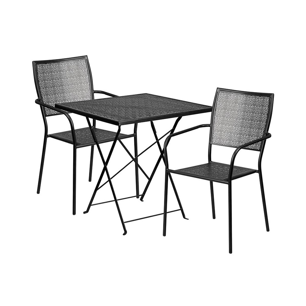 Commercial Grade 28" Square Black Indoor-Outdoor Steel Folding Patio Table Set with 2 Square Back Chairs