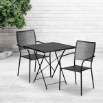 Commercial Grade 28" Square Black Indoor-Outdoor Steel Folding Patio Table Set with 2 Square Back Chairs