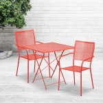 Commercial Grade 28" Square Coral Indoor-Outdoor Steel Folding Patio Table Set with 2 Square Back Chairs