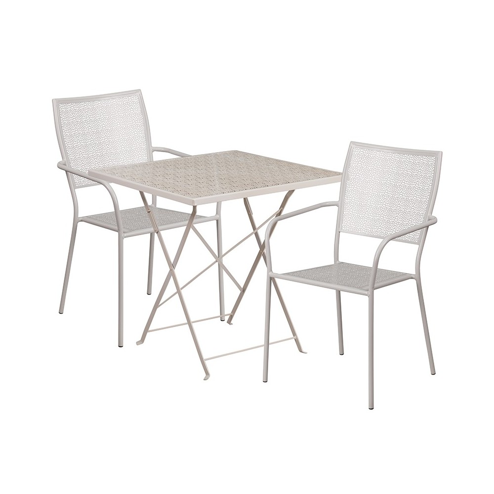 Commercial Grade 28" Square Light Gray Indoor-Outdoor Steel Folding Patio Table Set with 2 Square Back Chairs