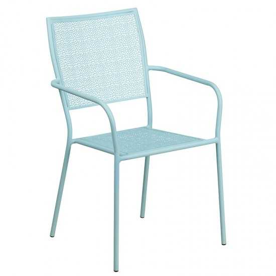 Commercial Grade 28" Square Sky Blue Indoor-Outdoor Steel Folding Patio Table Set with 2 Square Back Chairs