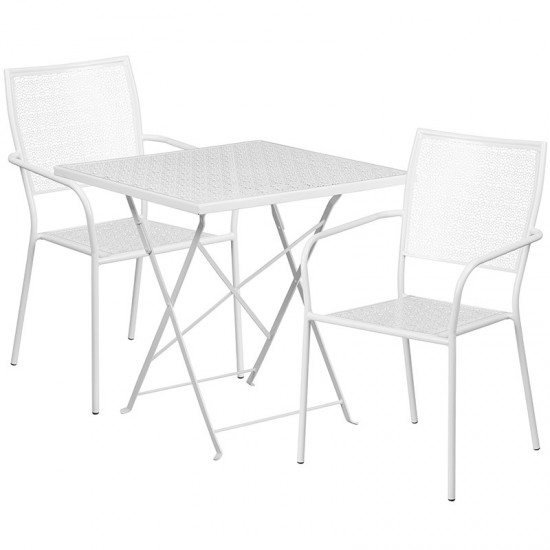 Commercial Grade 28" Square White Indoor-Outdoor Steel Folding Patio Table Set with 2 Square Back Chairs