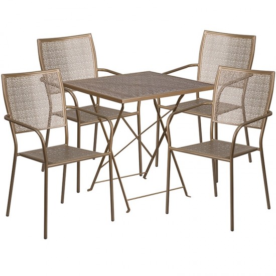 Commercial Grade 28" Square Gold Indoor-Outdoor Steel Folding Patio Table Set with 4 Square Back Chairs