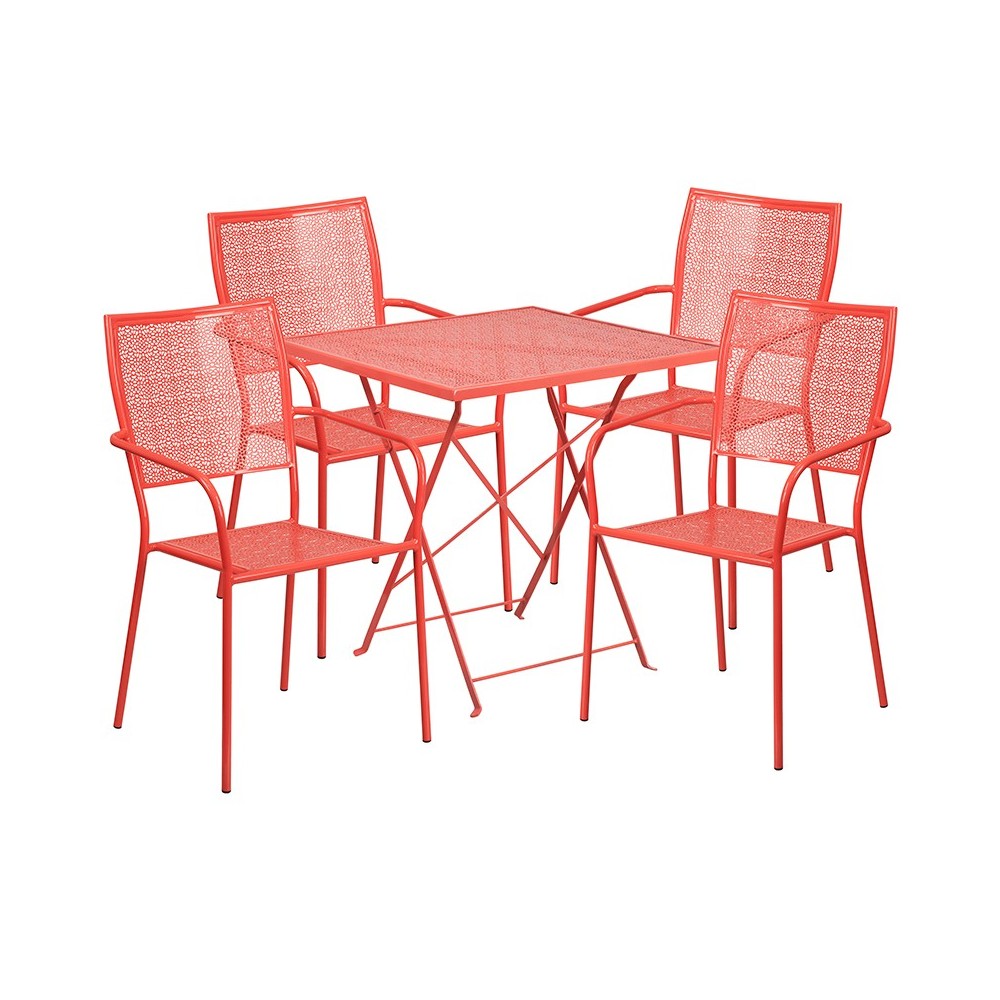 Commercial Grade 28" Square Coral Indoor-Outdoor Steel Folding Patio Table Set with 4 Square Back Chairs