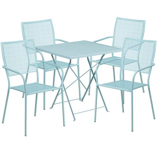 Commercial Grade 28" Square Sky Blue Indoor-Outdoor Steel Folding Patio Table Set with 4 Square Back Chairs