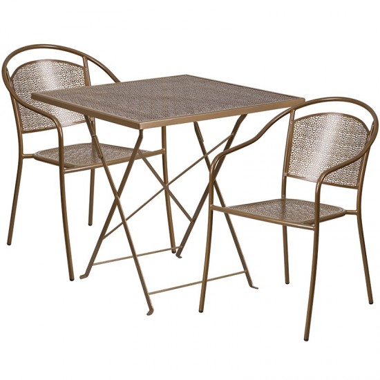 Commercial Grade 28" Square Gold Indoor-Outdoor Steel Folding Patio Table Set with 2 Round Back Chairs