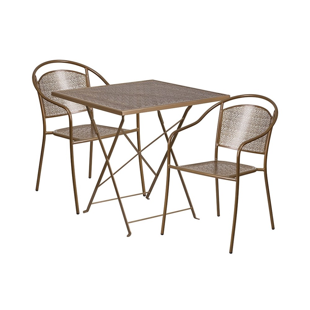 Commercial Grade 28" Square Gold Indoor-Outdoor Steel Folding Patio Table Set with 2 Round Back Chairs Commercial Grade 28" Square Gold Indoor-Outdoor Steel Folding Patio Table Set with 2 Round Back Chairs