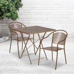 Commercial Grade 28" Square Gold Indoor-Outdoor Steel Folding Patio Table Set with 2 Round Back Chairs
