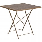 Commercial Grade 28" Square Gold Indoor-Outdoor Steel Folding Patio Table Set with 2 Round Back Chairs