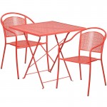 Commercial Grade 28" Square Coral Indoor-Outdoor Steel Folding Patio Table Set with 2 Round Back Chairs