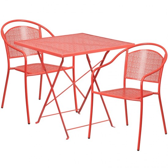 Commercial Grade 28" Square Coral Indoor-Outdoor Steel Folding Patio Table Set with 2 Round Back Chairs