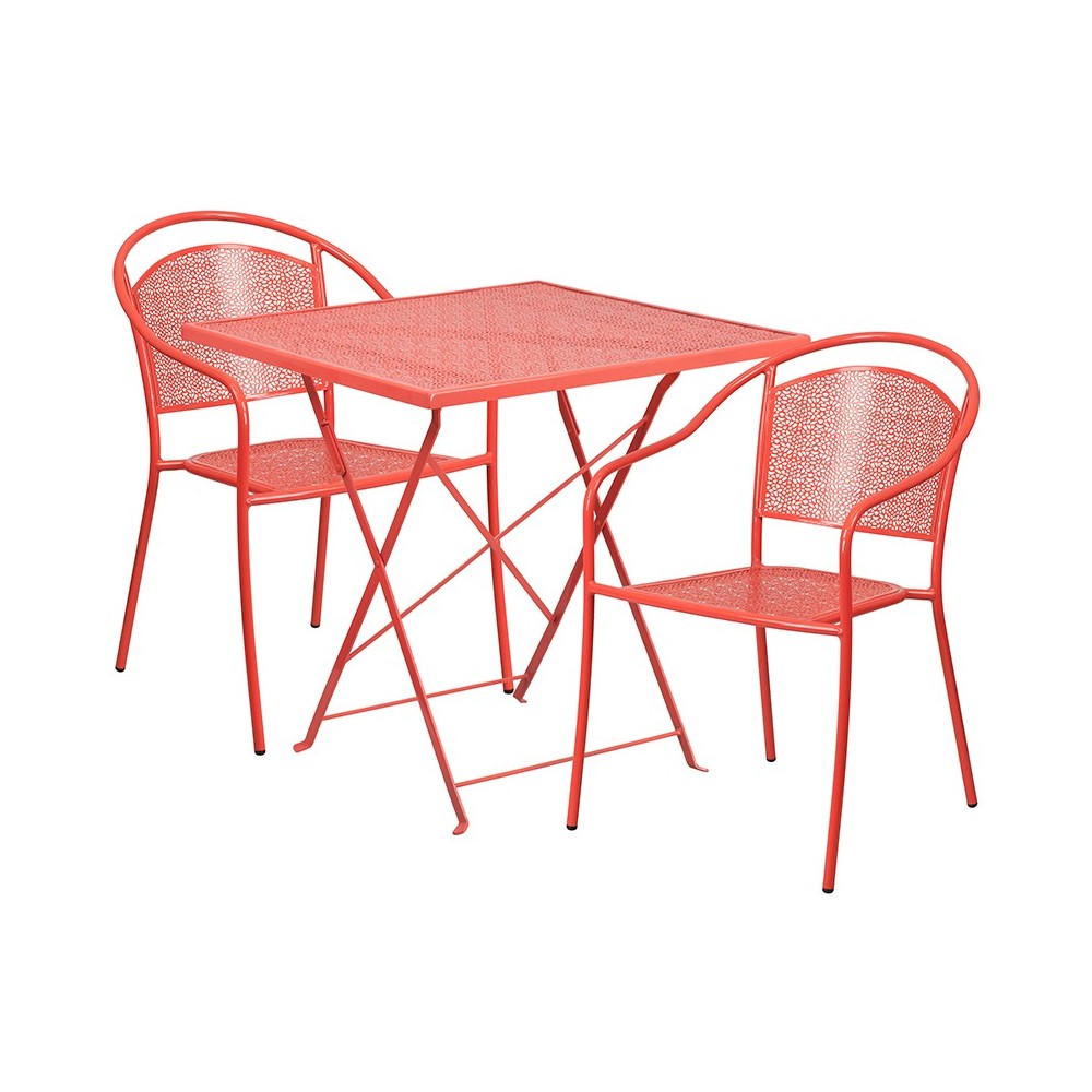 Commercial Grade 28" Square Coral Indoor-Outdoor Steel Folding Patio Table Set with 2 Round Back Chairs Commercial Grade 28" Square Coral Indoor-Outdoor Steel Folding Patio Table Set with 2 Round Back Chairs