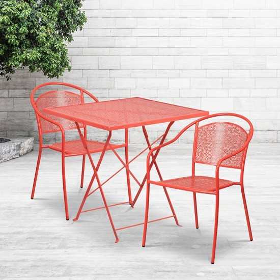 Commercial Grade 28" Square Coral Indoor-Outdoor Steel Folding Patio Table Set with 2 Round Back Chairs