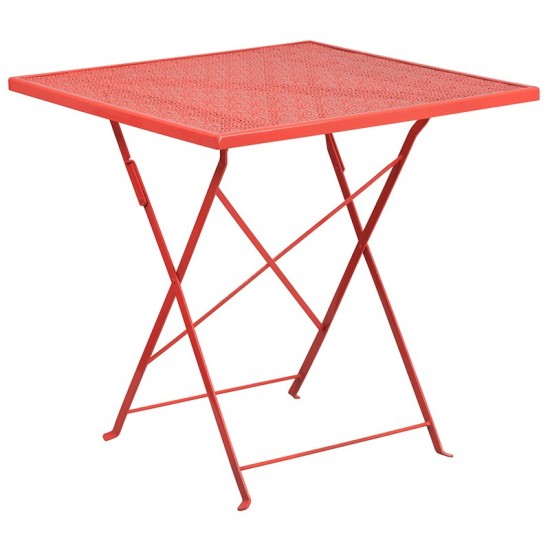 Commercial Grade 28" Square Coral Indoor-Outdoor Steel Folding Patio Table Set with 2 Round Back Chairs