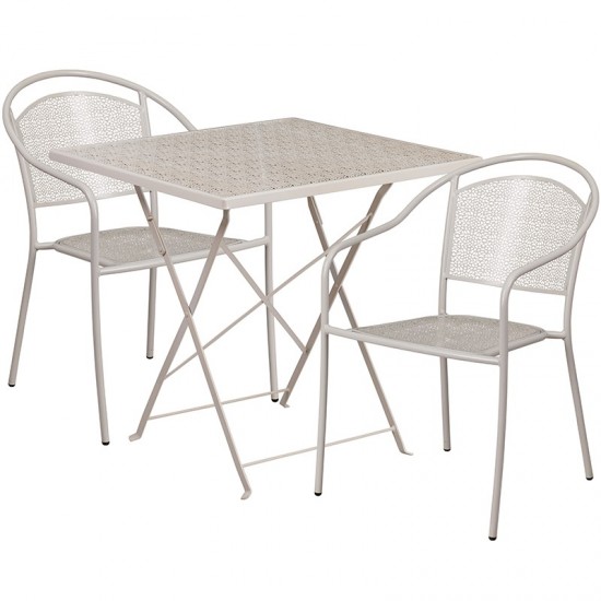 Commercial Grade 28" Square Light Gray Indoor-Outdoor Steel Folding Patio Table Set with 2 Round Back Chairs