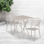 Commercial Grade 28" Square Light Gray Indoor-Outdoor Steel Folding Patio Table Set with 2 Round Back Chairs