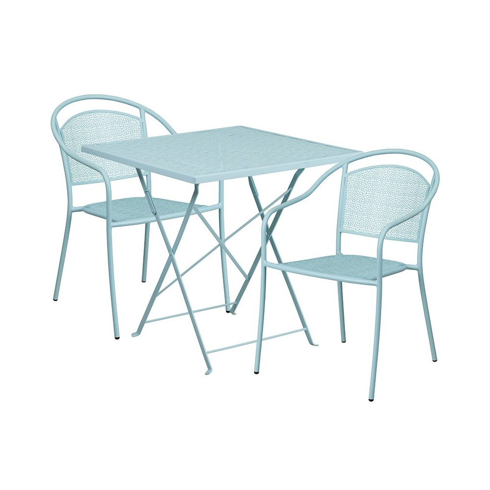 Commercial Grade 28" Square Sky Blue Indoor-Outdoor Steel Folding Patio Table Set with 2 Round Back Chairs