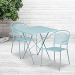 Commercial Grade 28" Square Sky Blue Indoor-Outdoor Steel Folding Patio Table Set with 2 Round Back Chairs