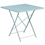 Commercial Grade 28" Square Sky Blue Indoor-Outdoor Steel Folding Patio Table Set with 2 Round Back Chairs