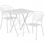 Commercial Grade 28" Square White Indoor-Outdoor Steel Folding Patio Table Set with 2 Round Back Chairs