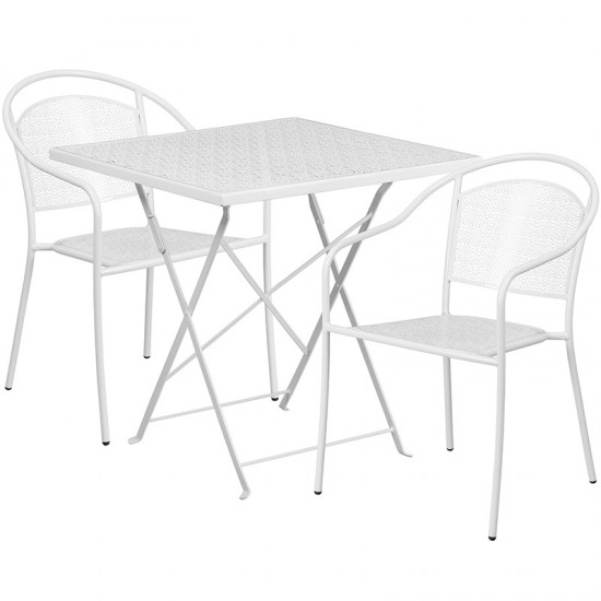 Commercial Grade 28" Square White Indoor-Outdoor Steel Folding Patio Table Set with 2 Round Back Chairs