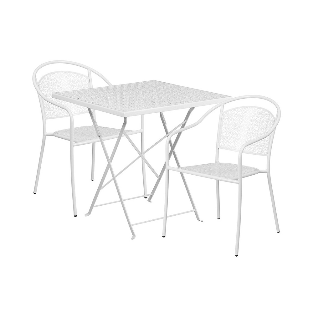 Commercial Grade 28" Square White Indoor-Outdoor Steel Folding Patio Table Set with 2 Round Back Chairs