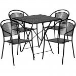 Commercial Grade 28" Square Black Indoor-Outdoor Steel Folding Patio Table Set with 4 Round Back Chairs