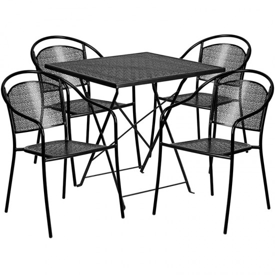 Commercial Grade 28" Square Black Indoor-Outdoor Steel Folding Patio Table Set with 4 Round Back Chairs